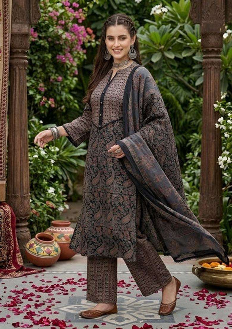 Black Printed Cotton Kurta Set - Indya