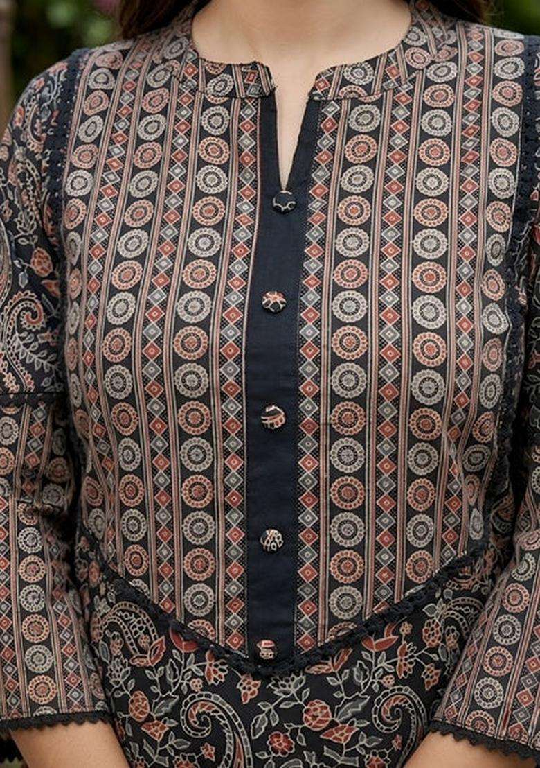 Black Printed Cotton Kurta Set - Indya