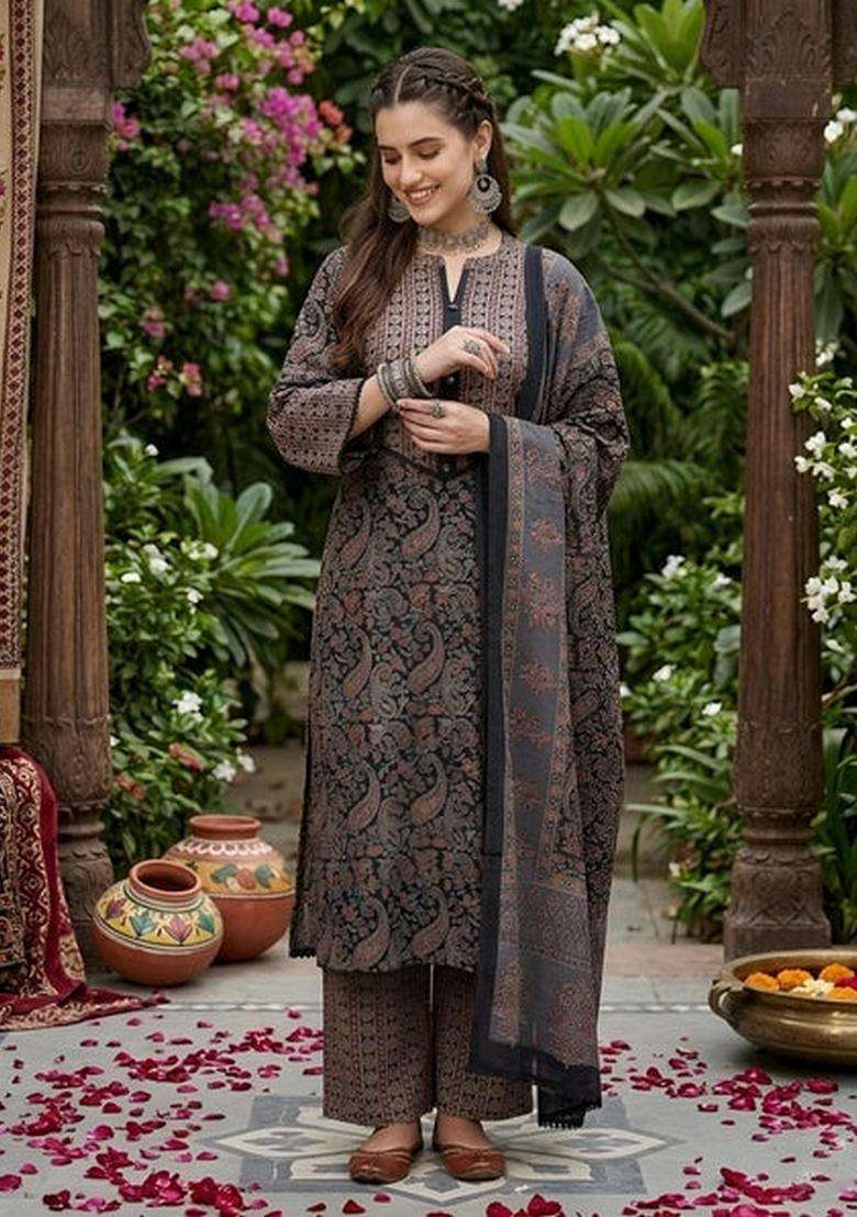 Black Printed Cotton Kurta Set - Indya