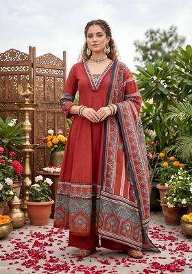 Maroon Printed Cotton Kurta Set
