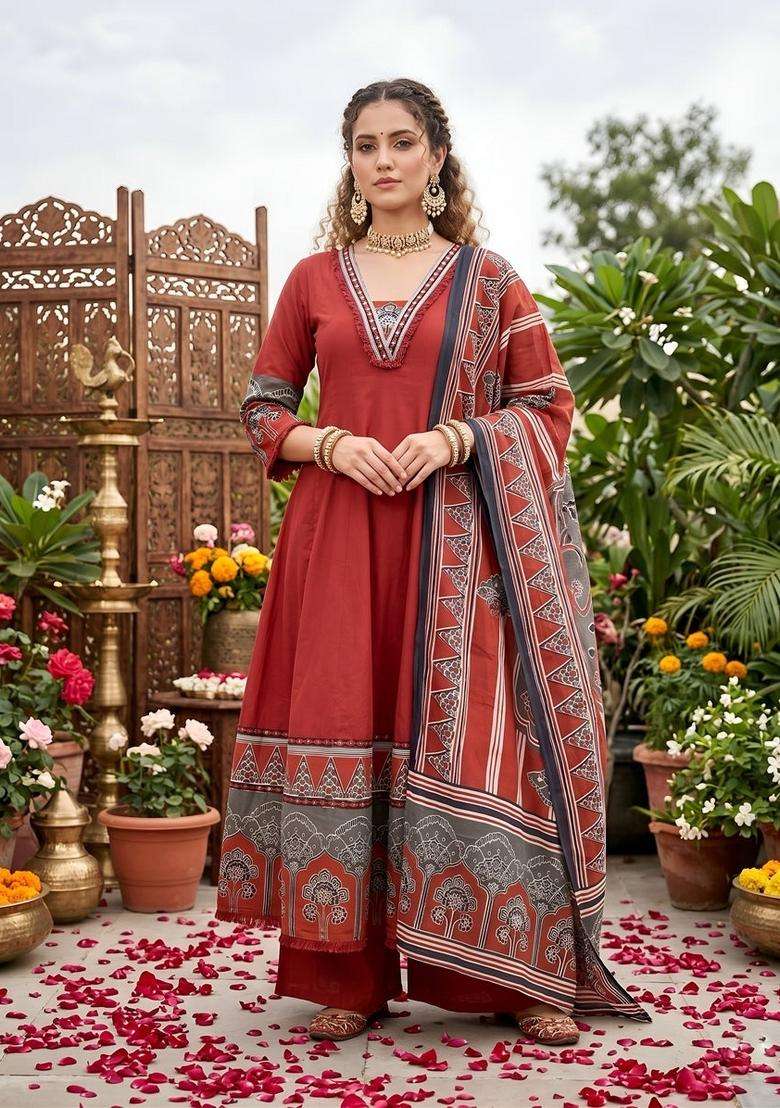 Maroon Printed Cotton Kurta Set - Indya