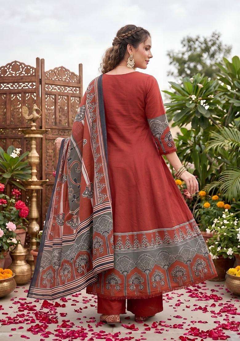 Maroon Printed Cotton Kurta Set - Indya