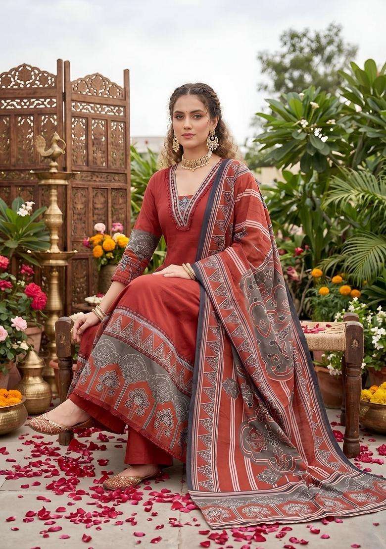 Maroon Printed Cotton Kurta Set - Indya