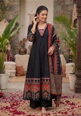 Black Printed Cotton Kurta Set