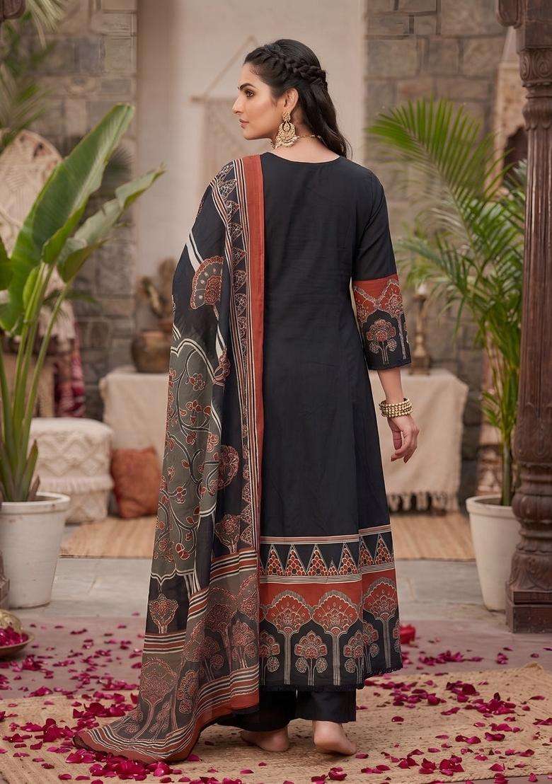 Black Printed Cotton Kurta Set - Indya