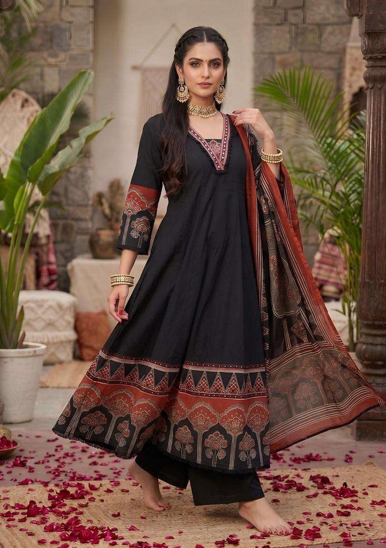 Black Printed Cotton Kurta Set - Indya