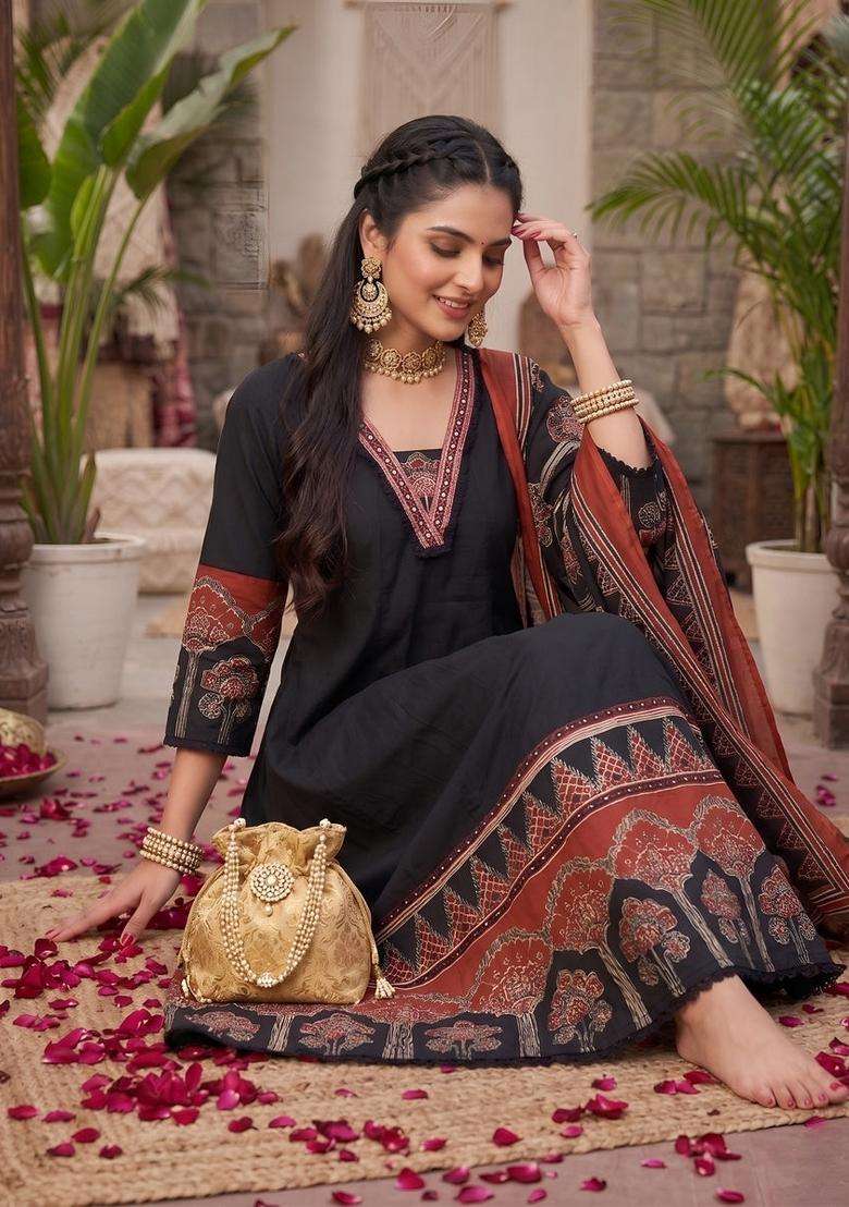 Black Printed Cotton Kurta Set - Indya