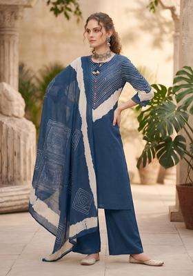 Blue Printed Cotton Kurta Set