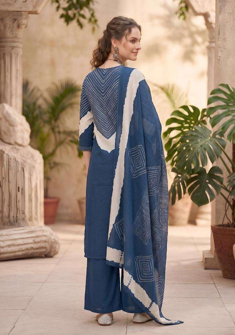 Blue Printed Cotton Kurta Set - Indya