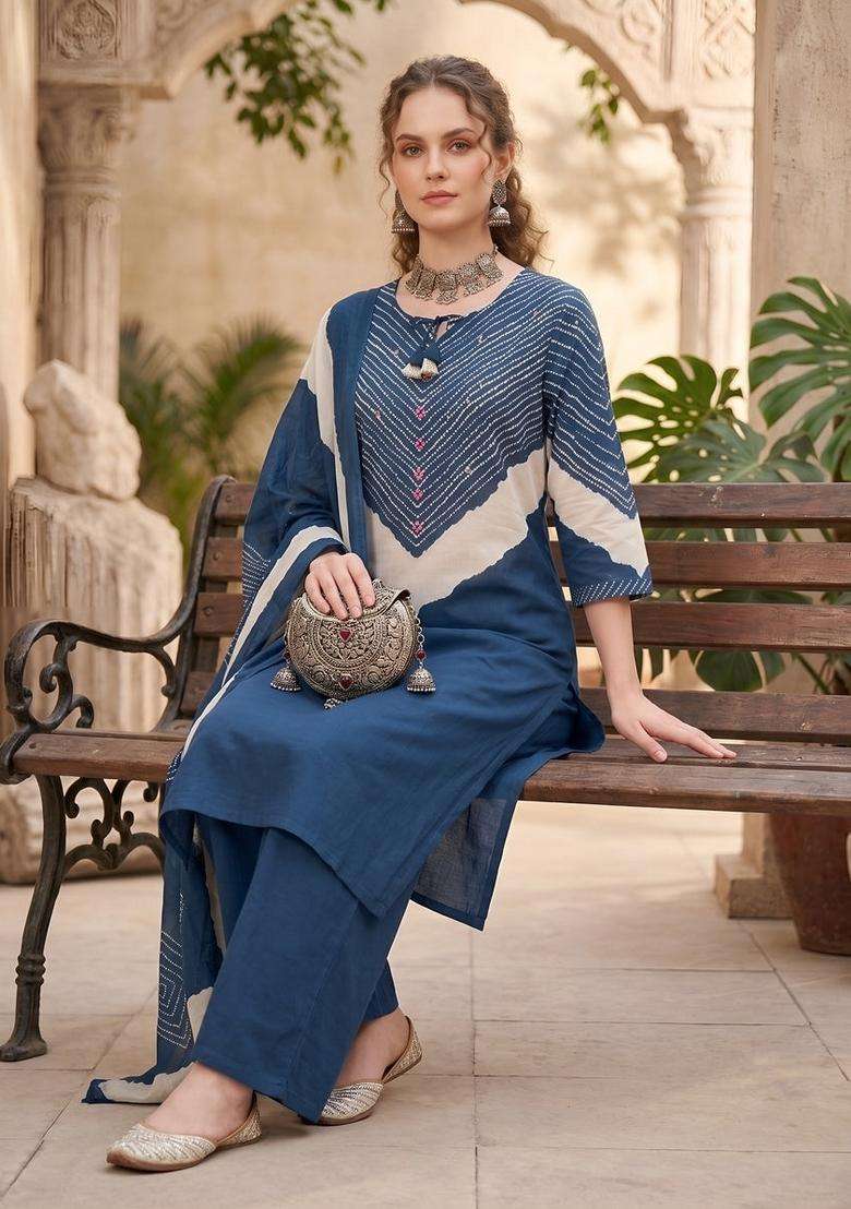Blue Printed Cotton Kurta Set - Indya