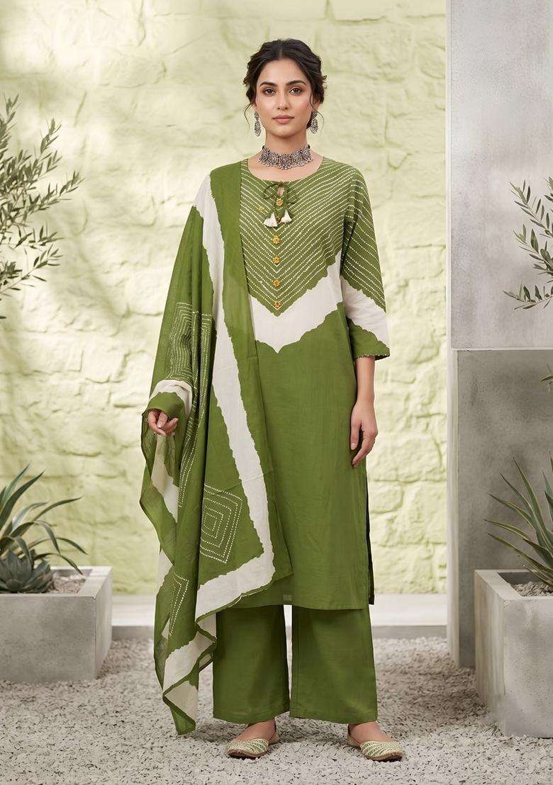 Green Printed Cotton Kurta Set - Indya