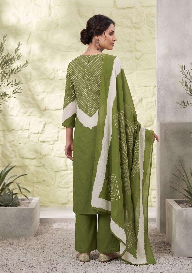 Green Printed Cotton Kurta Set - Indya