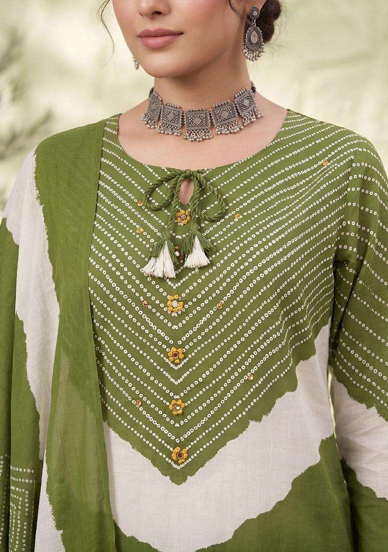 Green Printed Cotton Kurta Set - Indya
