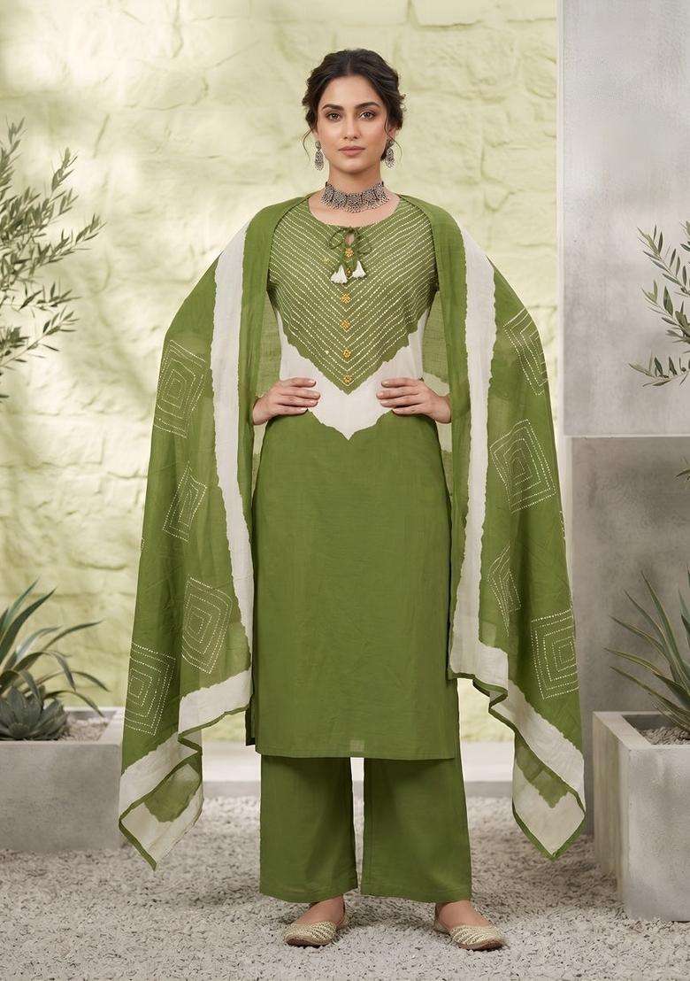 Green Printed Cotton Kurta Set - Indya