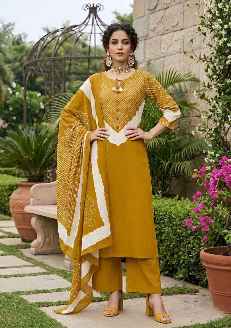 Yellow Printed Cotton Kurta Set - Indya