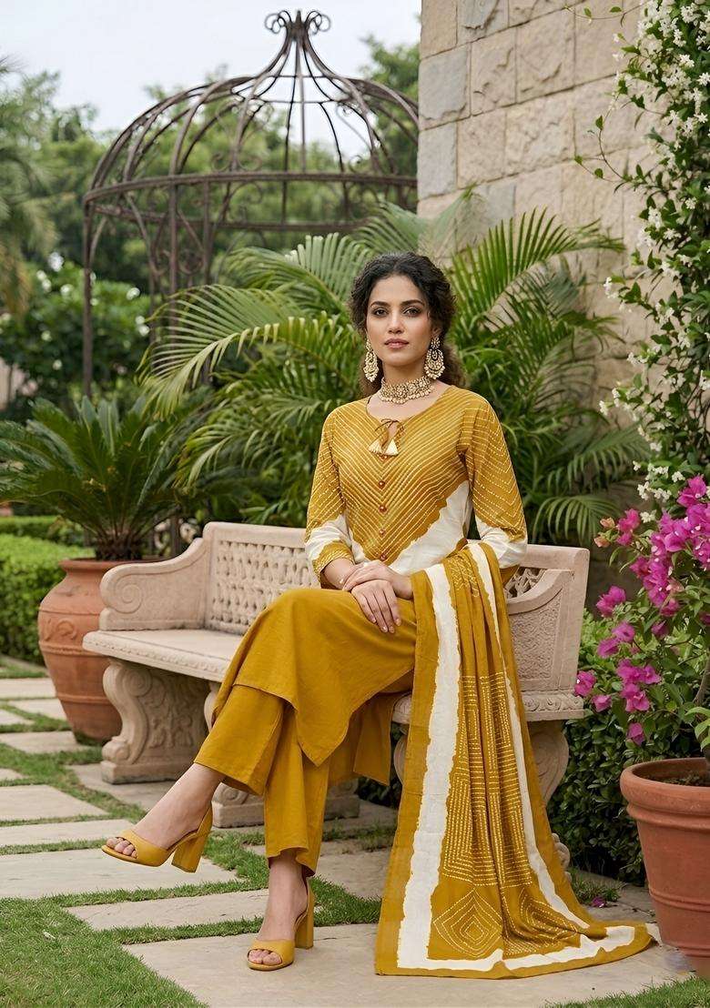 Yellow Printed Cotton Kurta Set - Indya