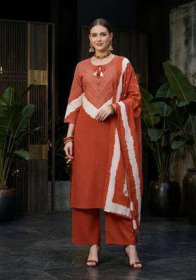 Orange Printed Cotton Kurta Set