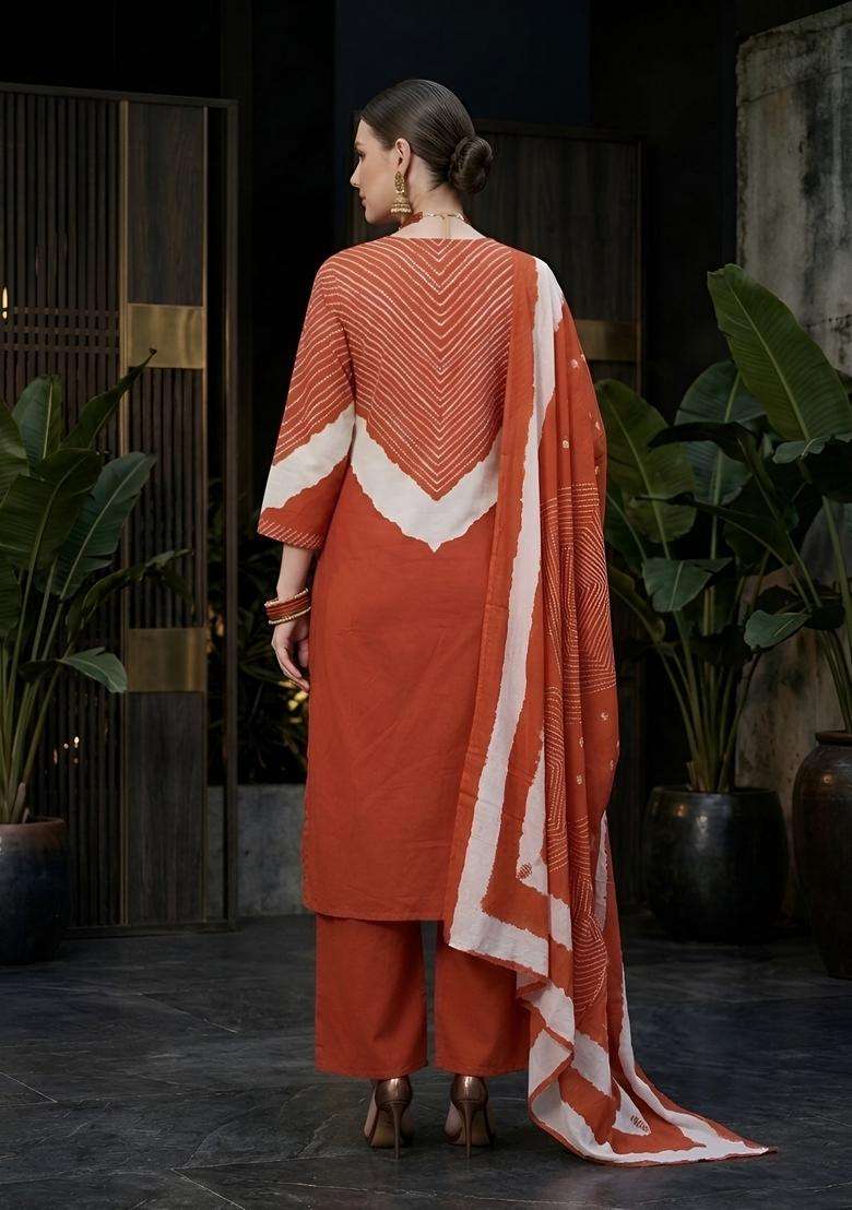 Orange Printed Cotton Kurta Set - Indya