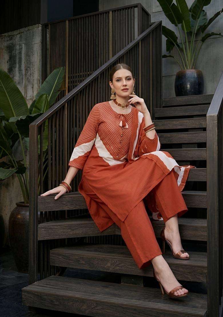 Orange Printed Cotton Kurta Set - Indya