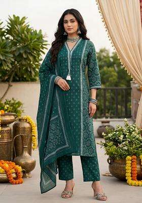 Green Printed Cotton Kurta Set