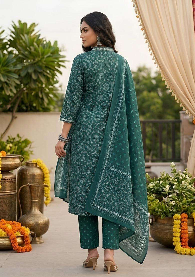 Green Printed Cotton Kurta Set - Indya