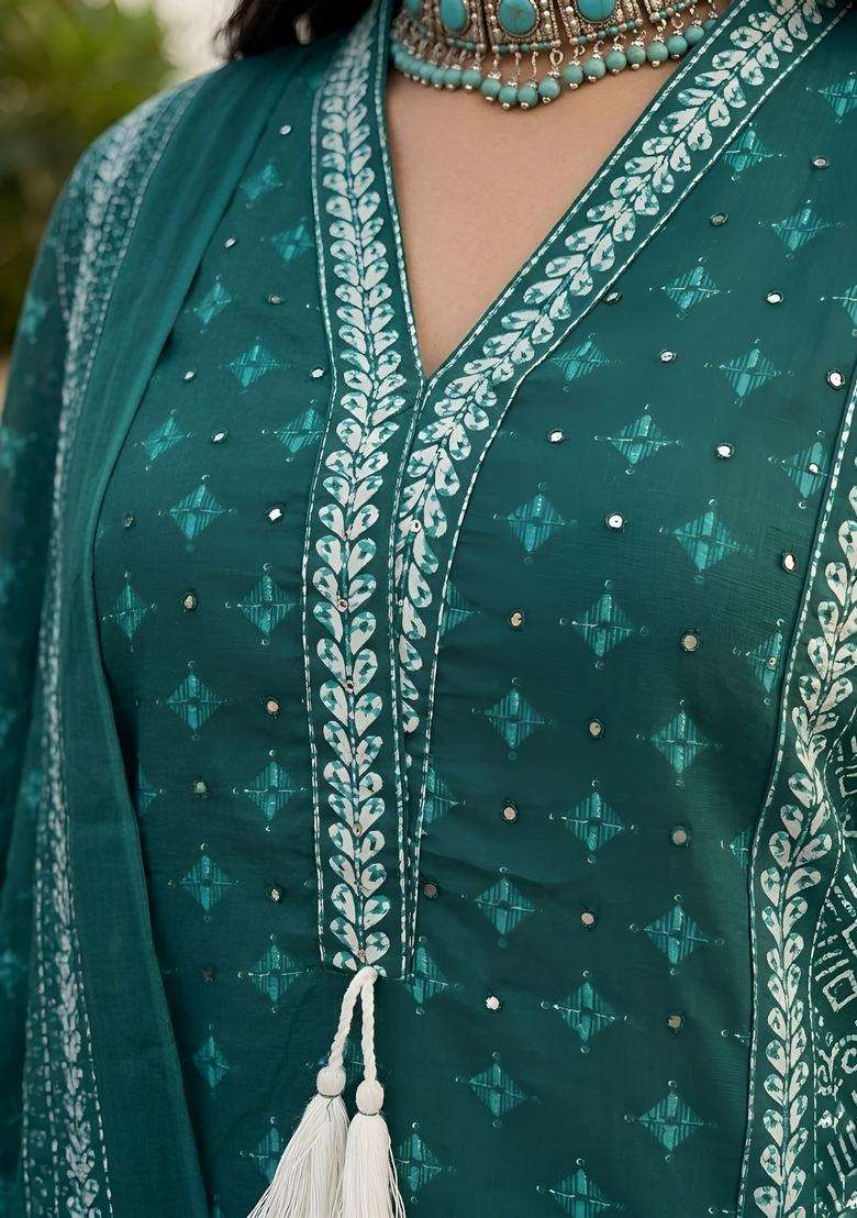 Green Printed Cotton Kurta Set - Indya