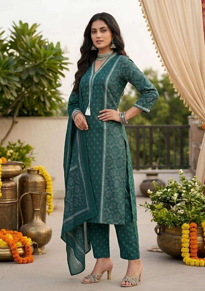 Green Printed Cotton Kurta Set - Indya