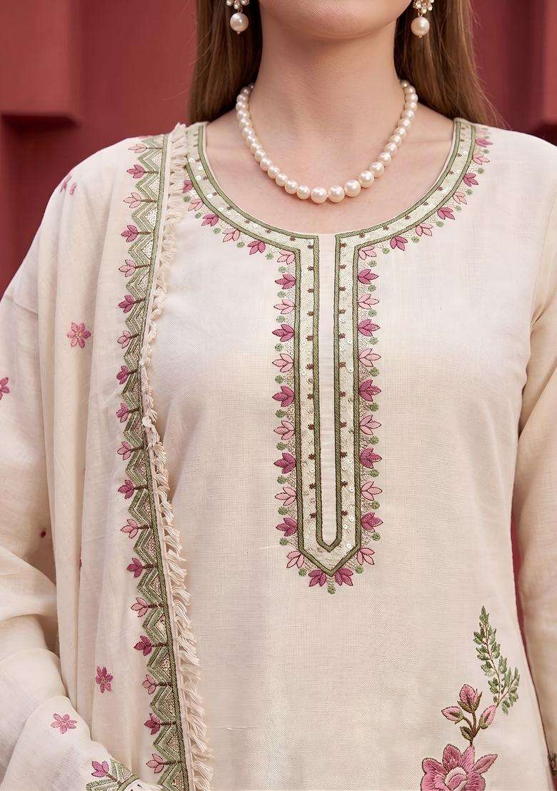 Beige Printed Cotton Kurta Set - Indya