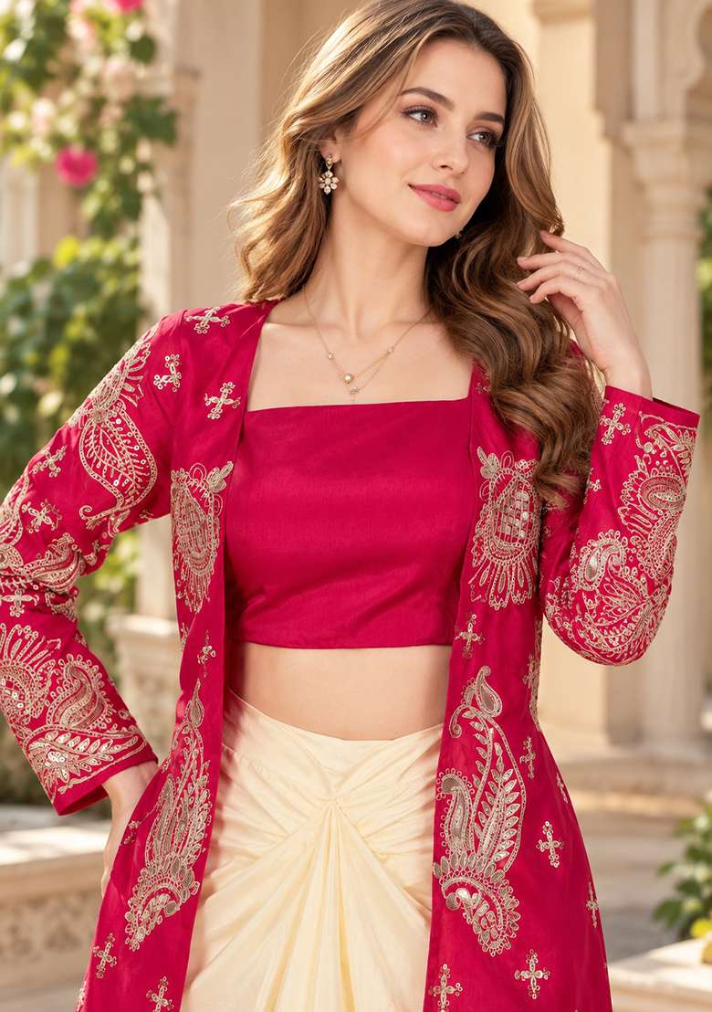 Red Embroidery Silk Kurta Set - Indya