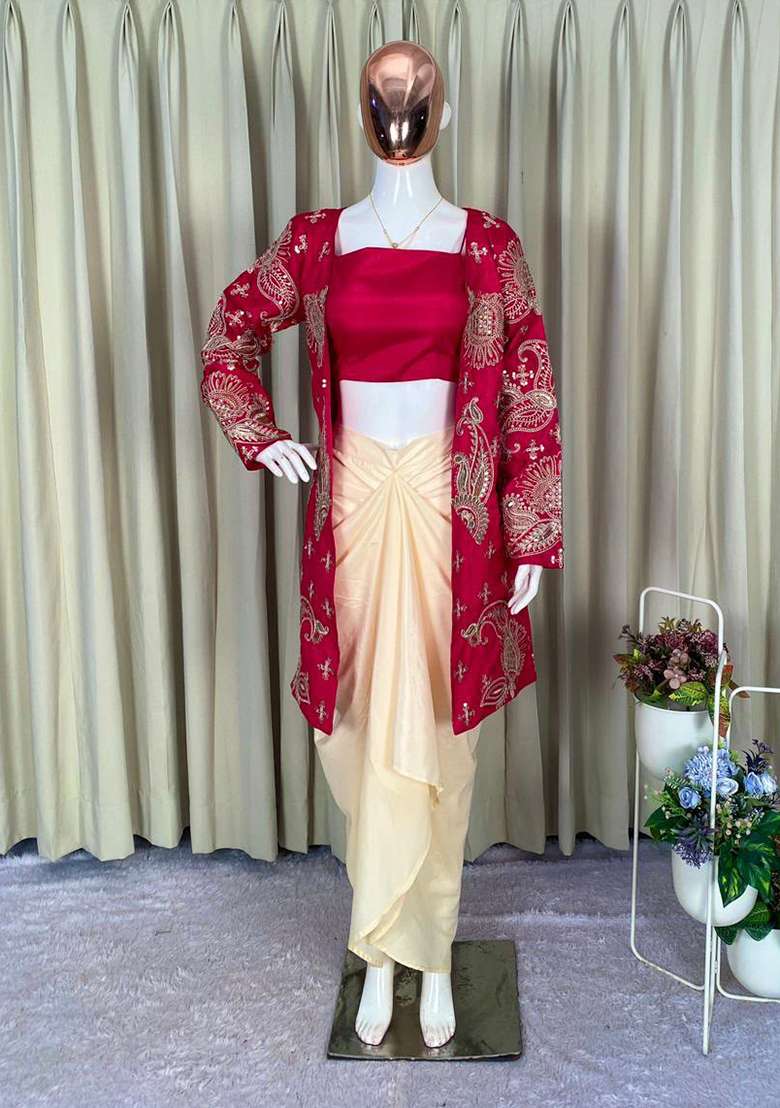Red Embroidery Silk Kurta Set - Indya