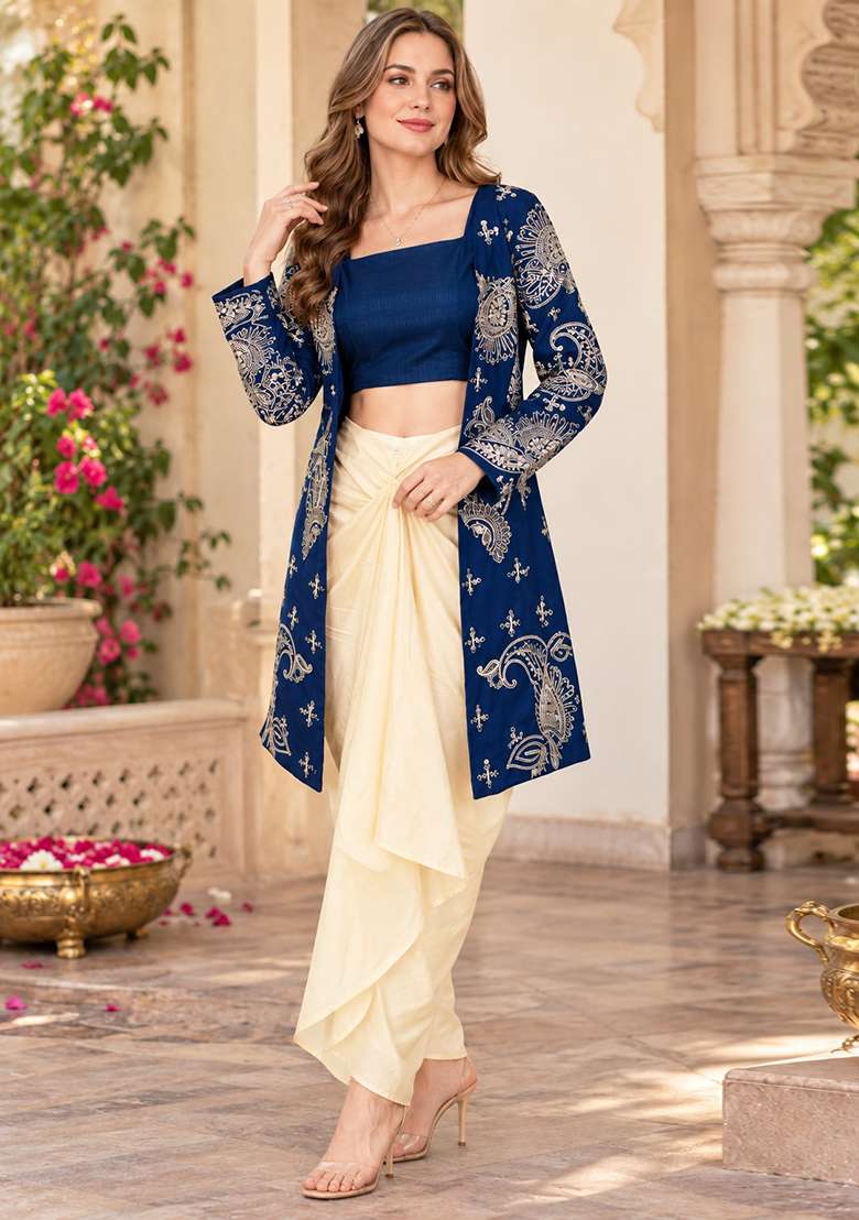 Navy Blue Embroidery Silk Kurta Set - Indya