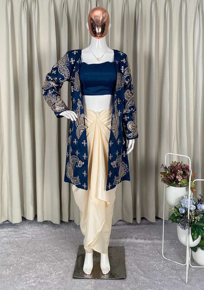 Navy Blue Embroidery Silk Kurta Set - Indya