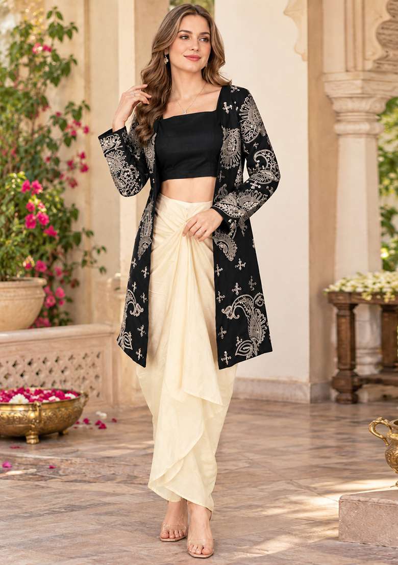 Black Embroidery Silk Kurta Set - Indya