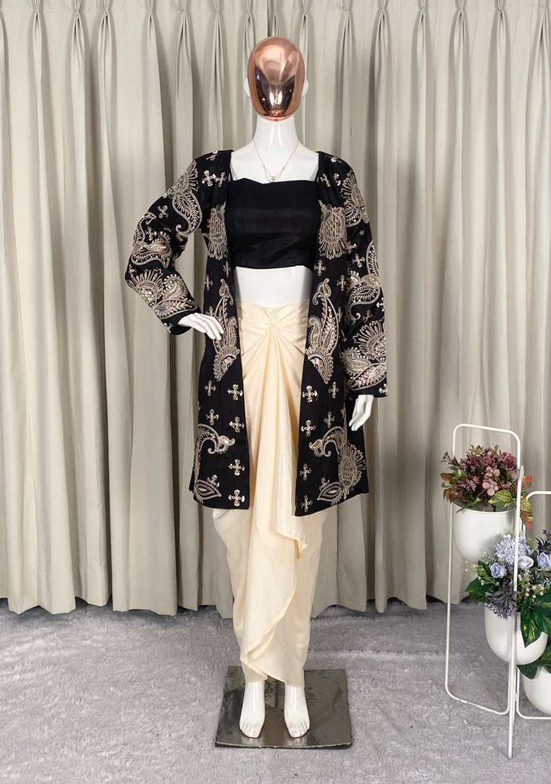 Black Embroidery Silk Kurta Set - Indya
