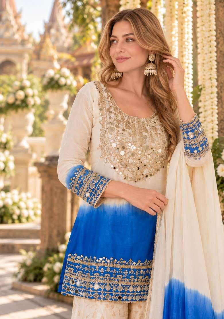 Navy Blue Embroidery Georgette Kurta Set - Indya
