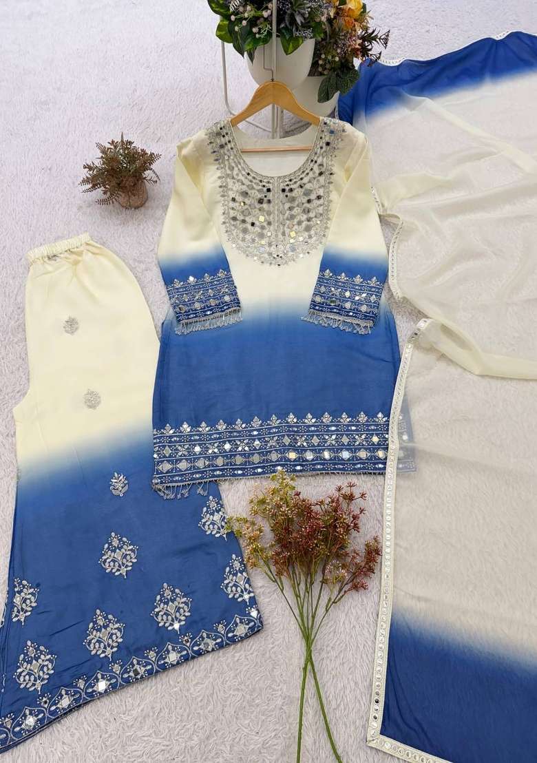 Navy Blue Embroidery Georgette Kurta Set - Indya