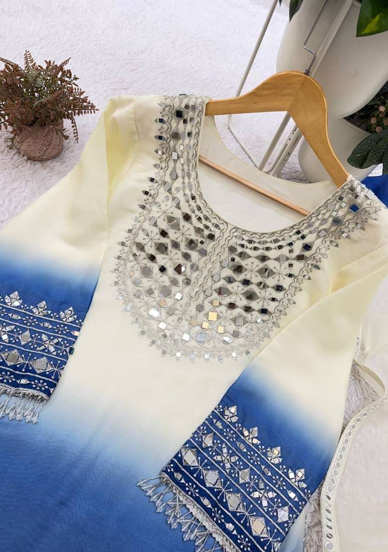 Navy Blue Embroidery Georgette Kurta Set - Indya