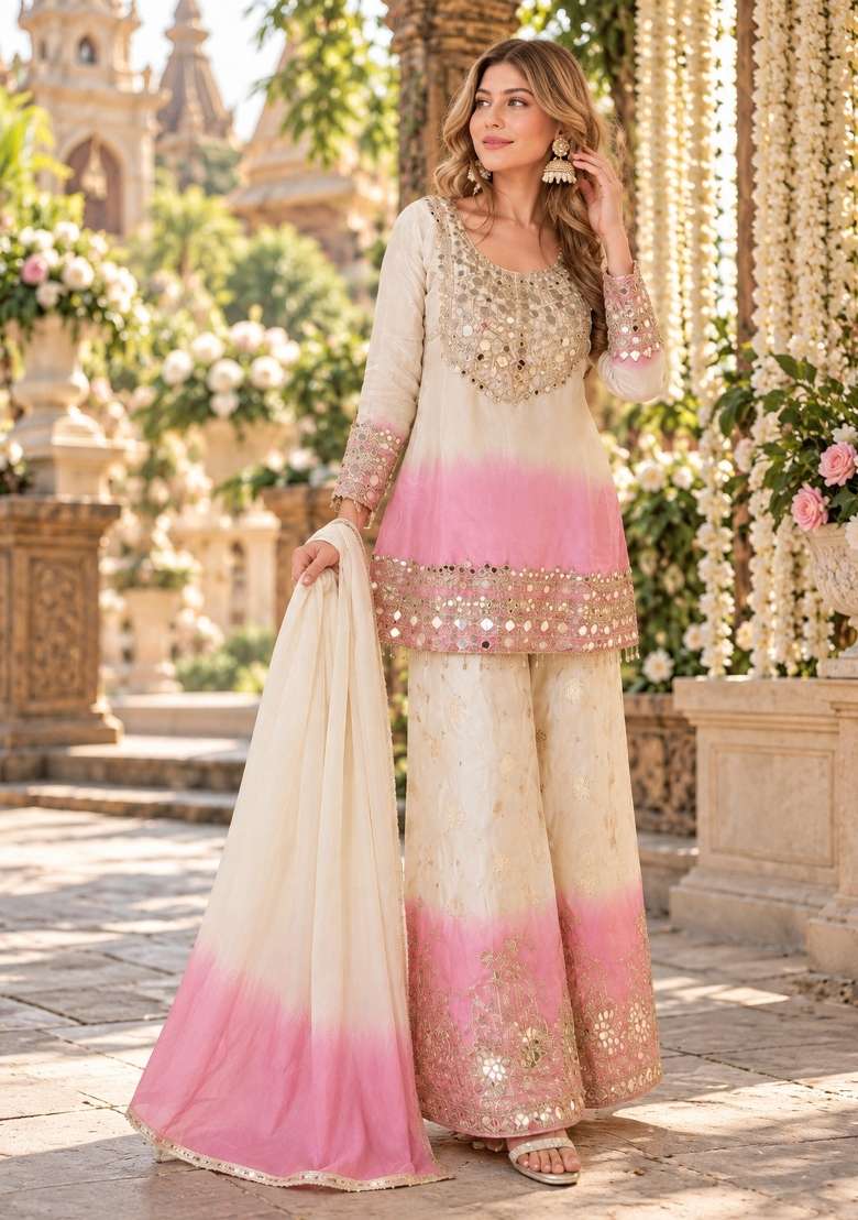 Pink Embroidery Georgette Kurta Set - Indya
