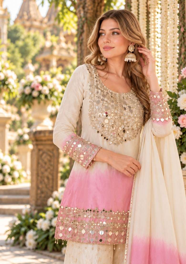 Pink Embroidery Georgette Kurta Set - Indya