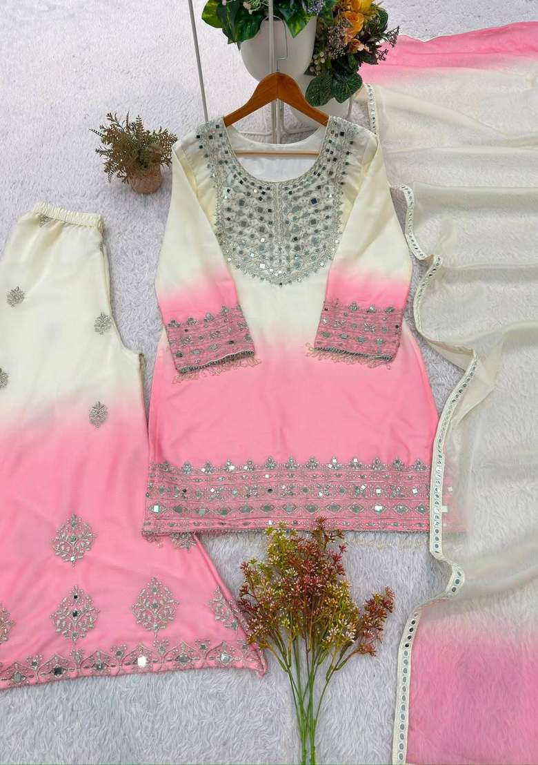 Pink Embroidery Georgette Kurta Set - Indya
