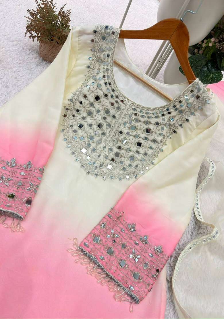 Pink Embroidery Georgette Kurta Set - Indya