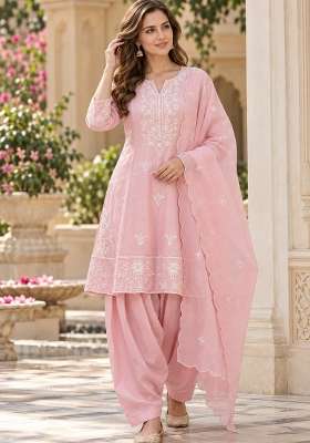 Baby Pink Embroidery Silk Kurta Set