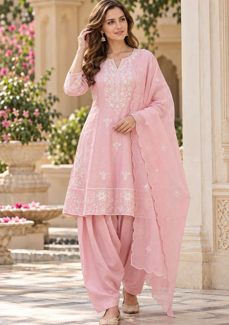 Baby Pink Embroidery Silk Kurta Set - Indya