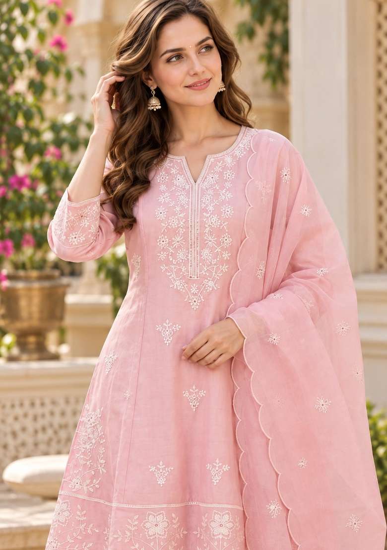 Baby Pink Embroidery Silk Kurta Set - Indya