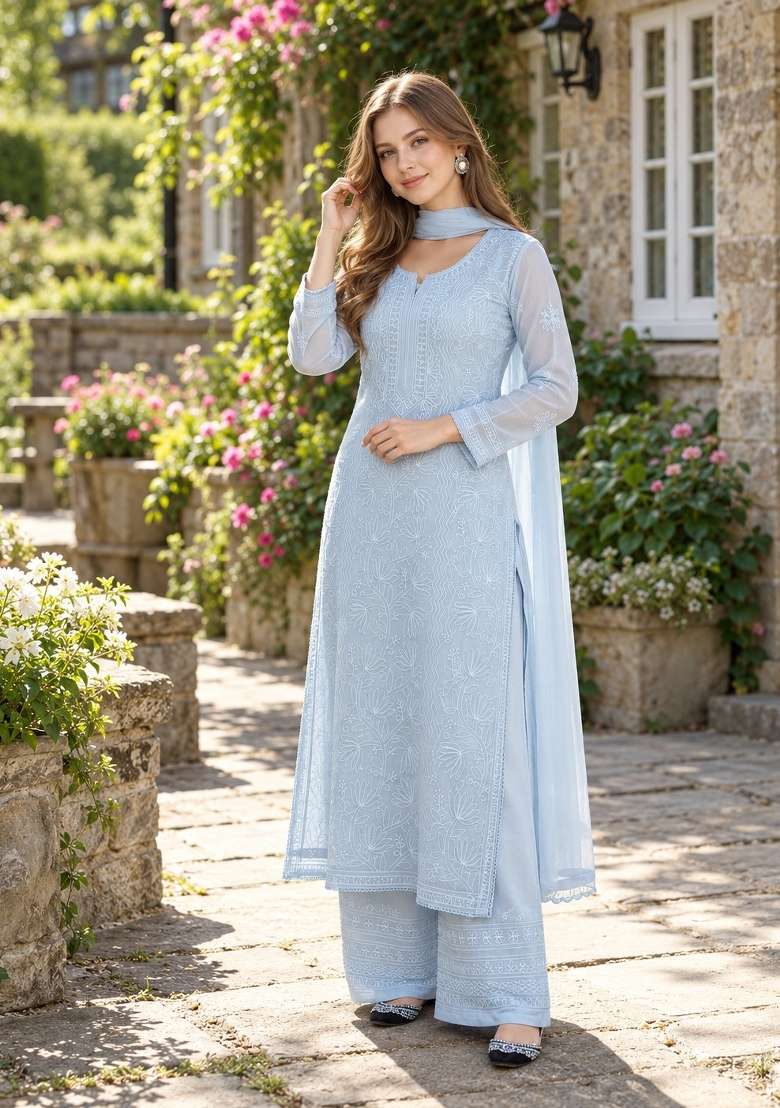 Light Blue Embroidery Georgette Kurta Set - Indya