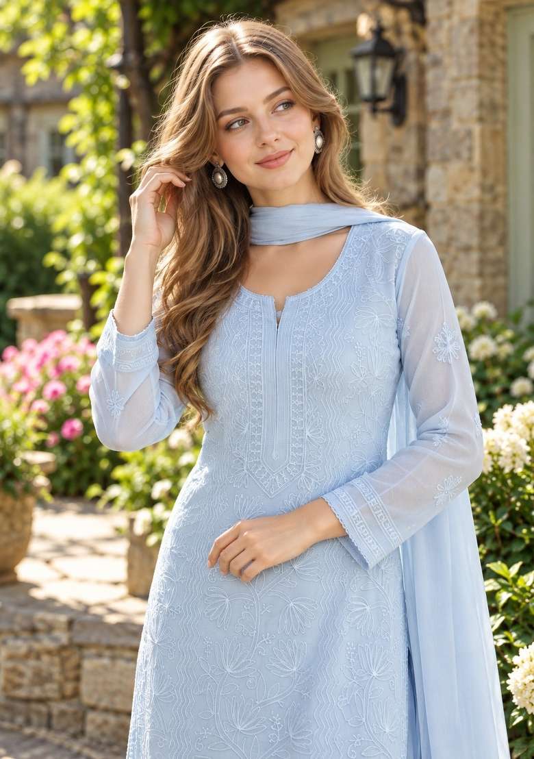 Light Blue Embroidery Georgette Kurta Set - Indya