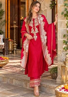 Red Embroidery Silk Kurta Set
