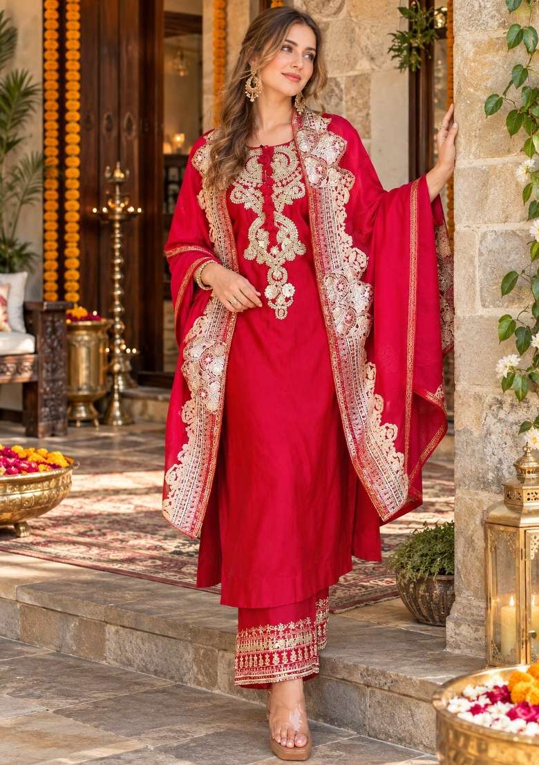Red Embroidery Silk Kurta Set - Indya