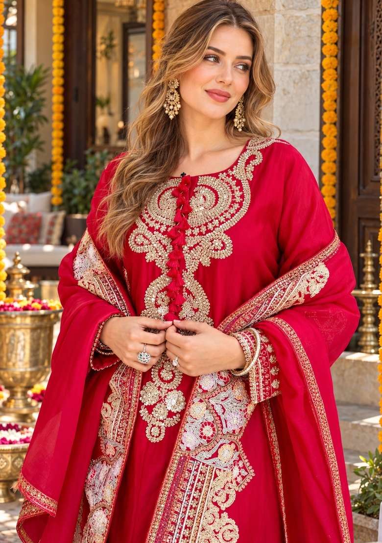 Red Embroidery Silk Kurta Set - Indya