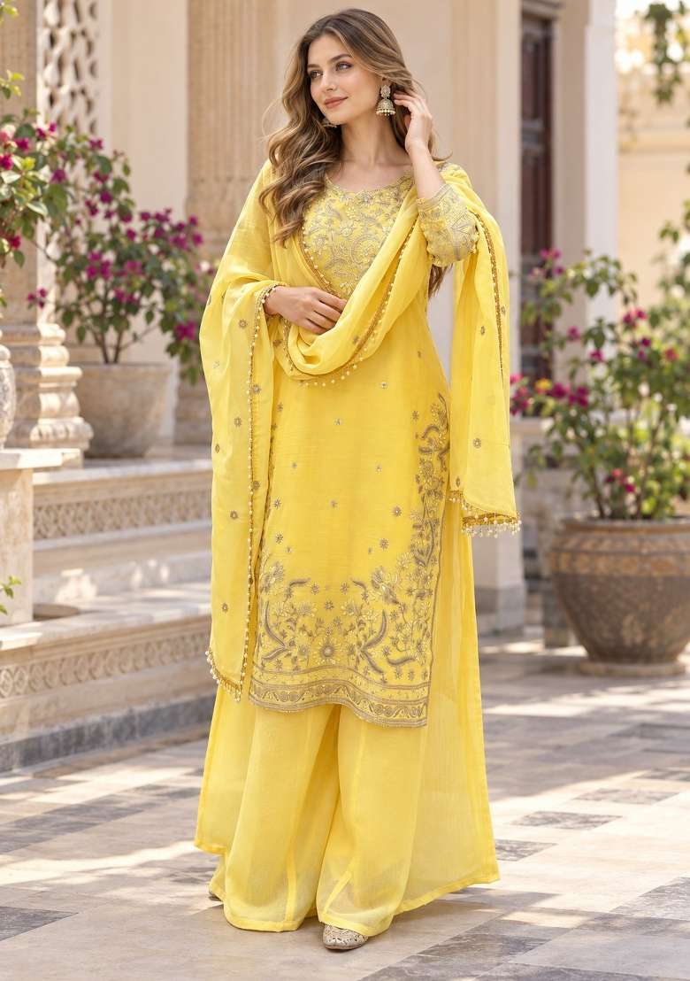 Yellow Embroidery Organza Kurta Set - Indya